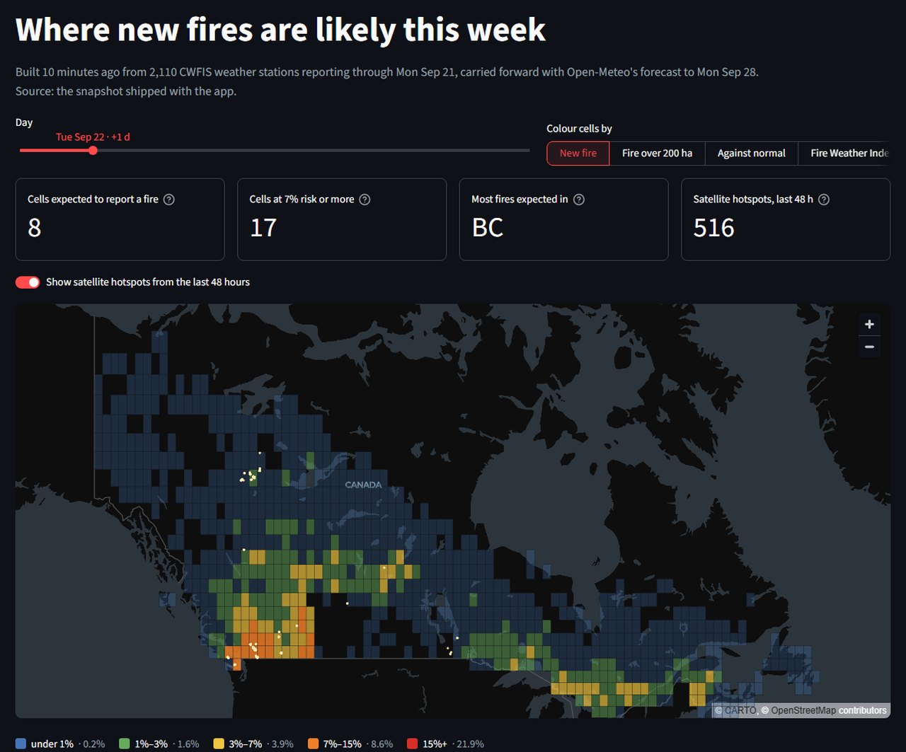 Seven-day wildfire risk — Canada's one-degree cells coloured by the calibrated chance of a new fire, with satellite hotspots from the last 48 hours